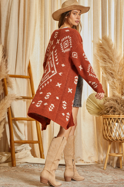 Willow Rust Aztec Design Long Cardigan