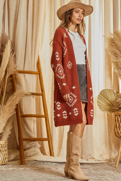 Willow Rust Aztec Design Long Cardigan