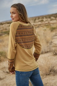 Esme Broader Print Contrast Detail Long Sleeve Top Mustard