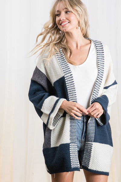Gina Teal/Cream Light Weight Color Block Cardigan