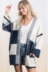 Gina Teal/Cream Light Weight Color Block Cardigan